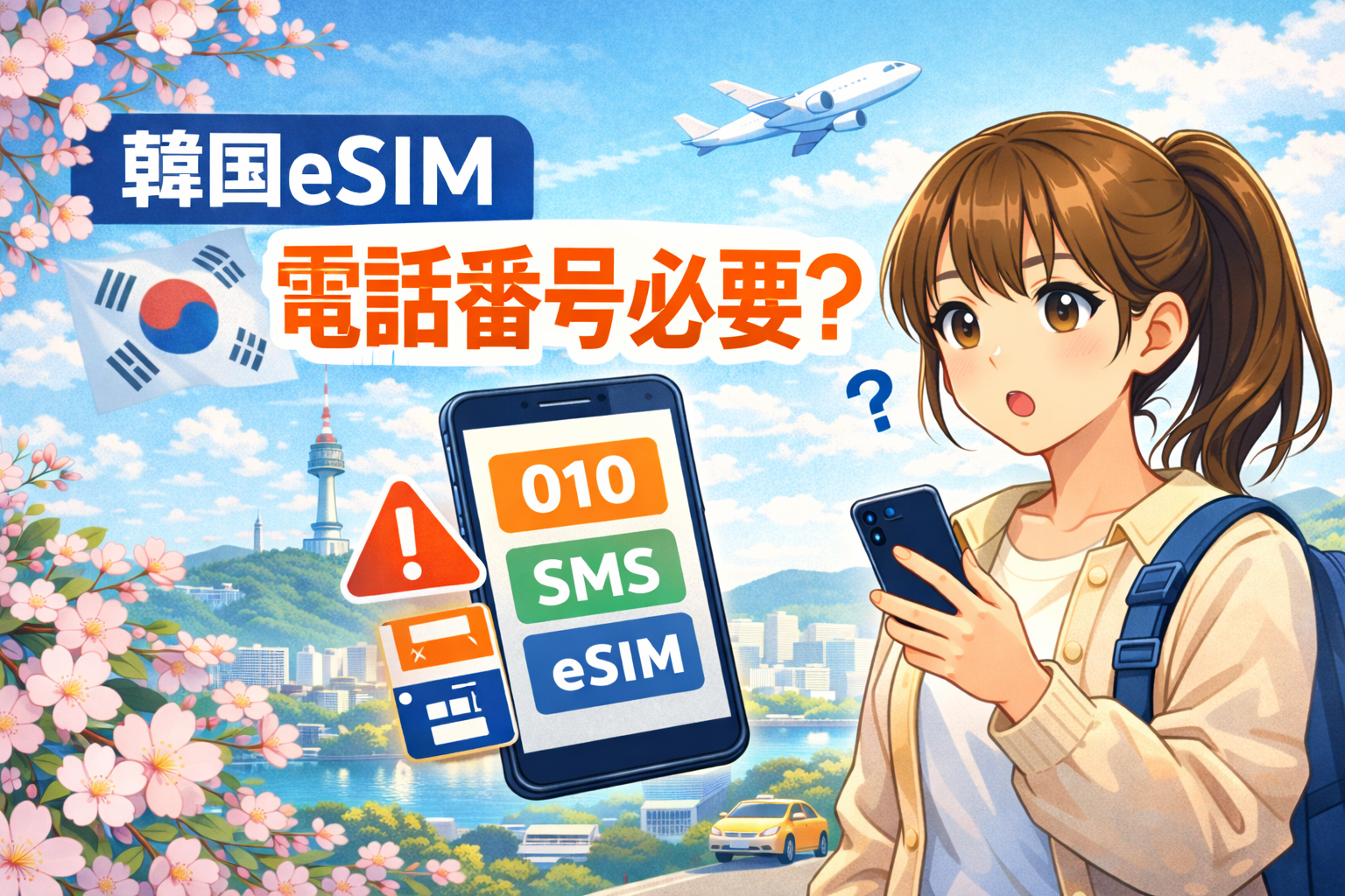 韓国eSIMの電話番号は必要？010番号・SMS認証の注意点を、スマホを見る旅行中の女性イラストで解説するアイキャッチ