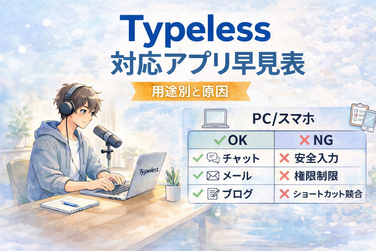Typeless対応アプリ早見表のアイキャッチ画像。デスクでPC作業する人物と、PC/スマホのOK・NGを比較した表を水彩パステル風に描いたイラスト。