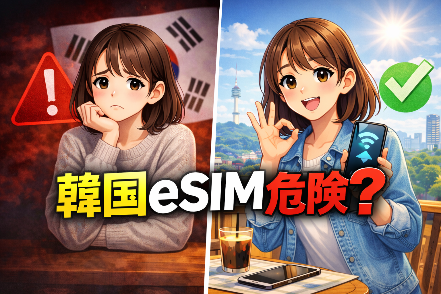 韓国eSIM危険？警告マークとOKサインで不安と安心を表現したアイキャッチ画像