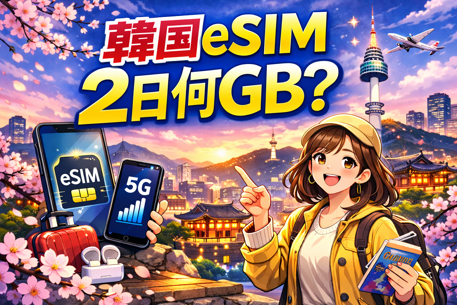 韓国eSIMの2日旅行で必要な容量目安を示すアイキャッチ画像（「韓国eSIM 2日何GB？」の文字、ソウル夜景と旅行者、eSIMと5Gのスマホ）
