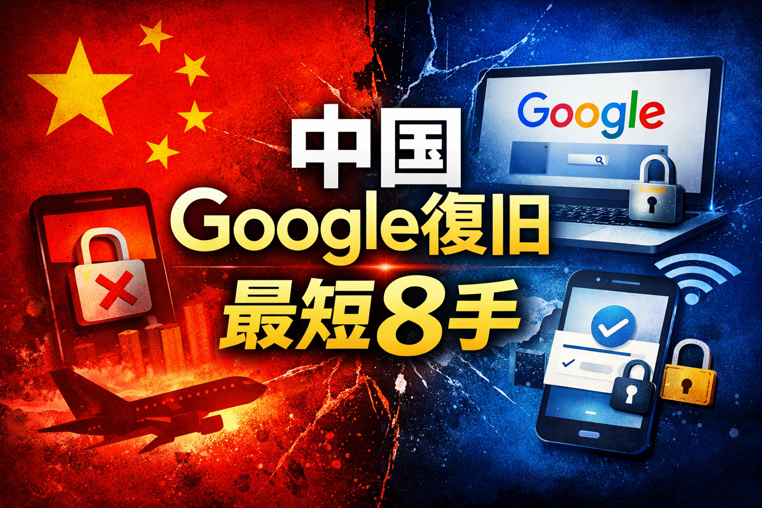 中国とセキュリティを赤青で対比し、「中国 Google復旧 最短8手」と表示したアイキャッチ