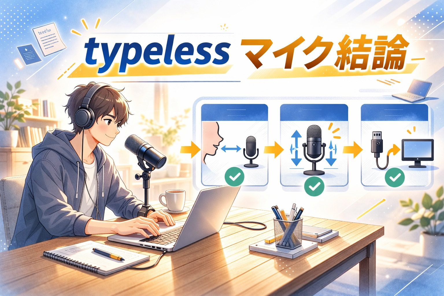 typelessマイク結論｜距離・固定・USBで音声入力を安定させる図解アイキャッチ