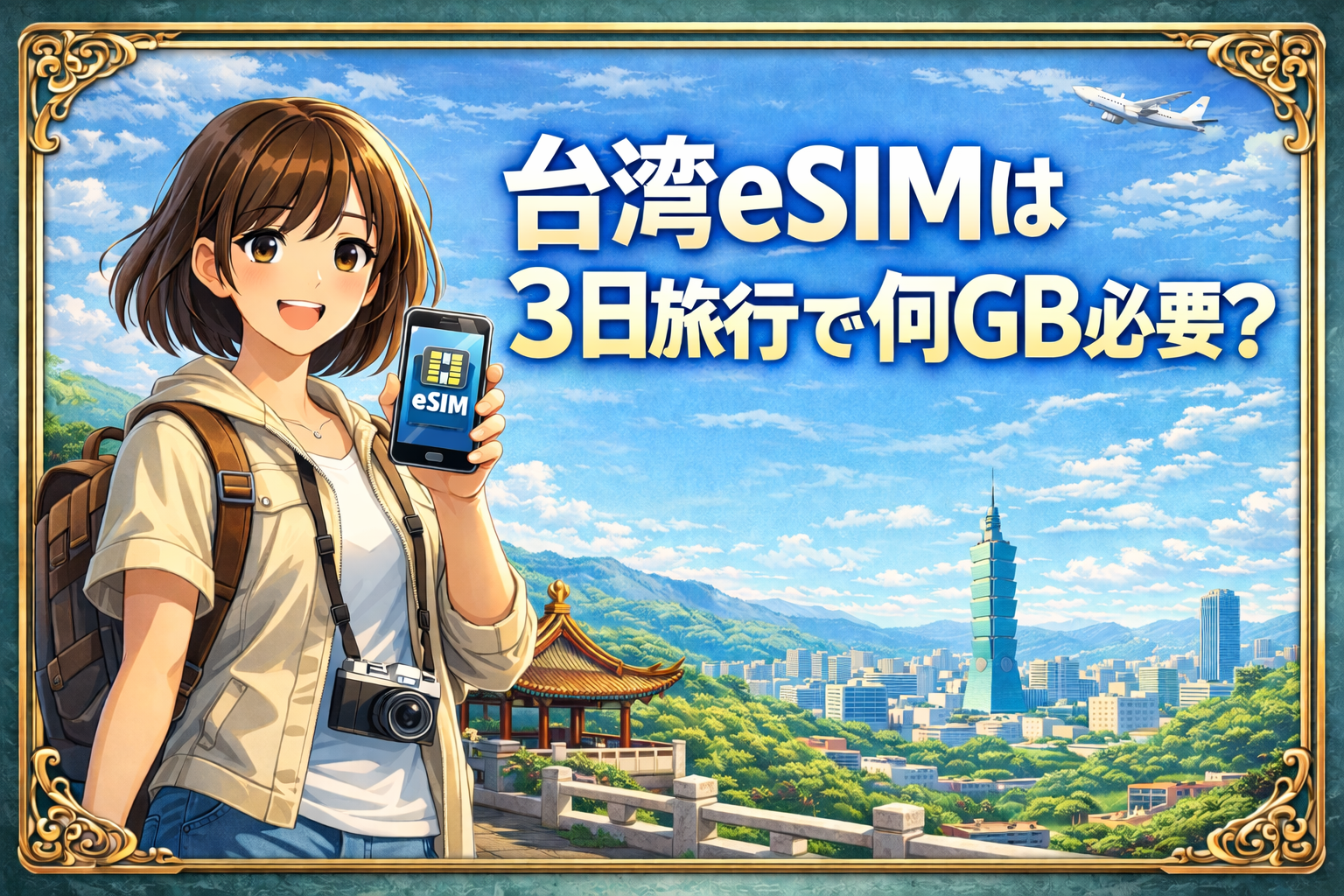 台湾eSIMは3日旅行で何GB必要かを解説する記事のアイキャッチ。左側に旅行者の女性、右側に台北101と台湾の街並み、スマホにeSIMの表示。
