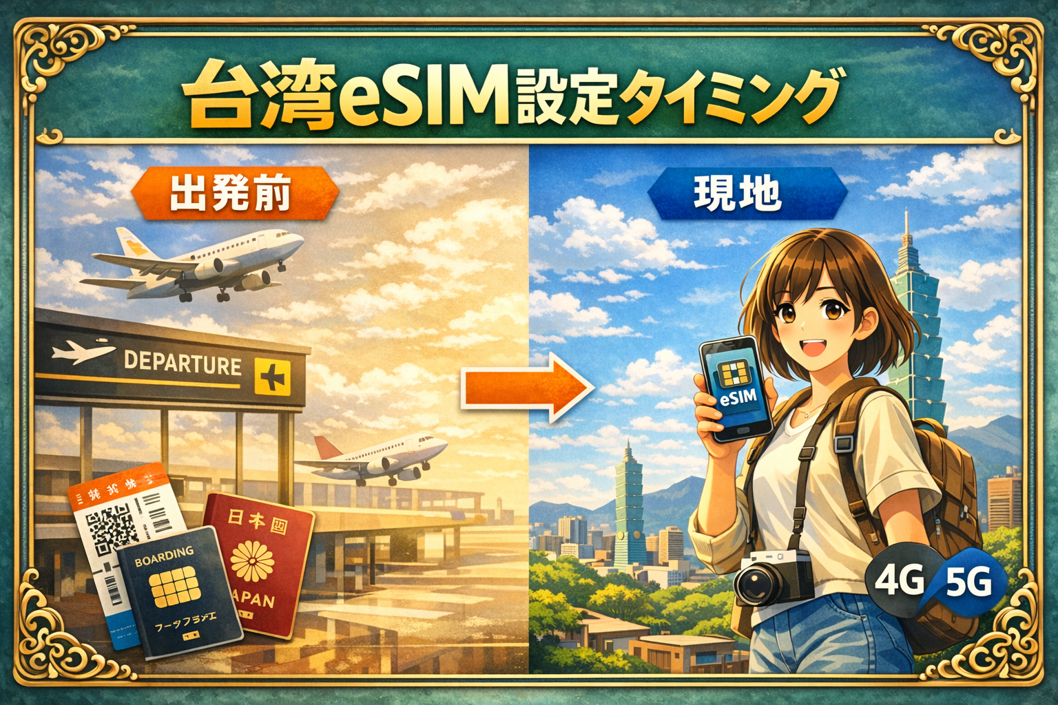 台湾eSIM設定タイミングのイメージ画像。出発前に準備し、現地で切り替える流れを表現。
