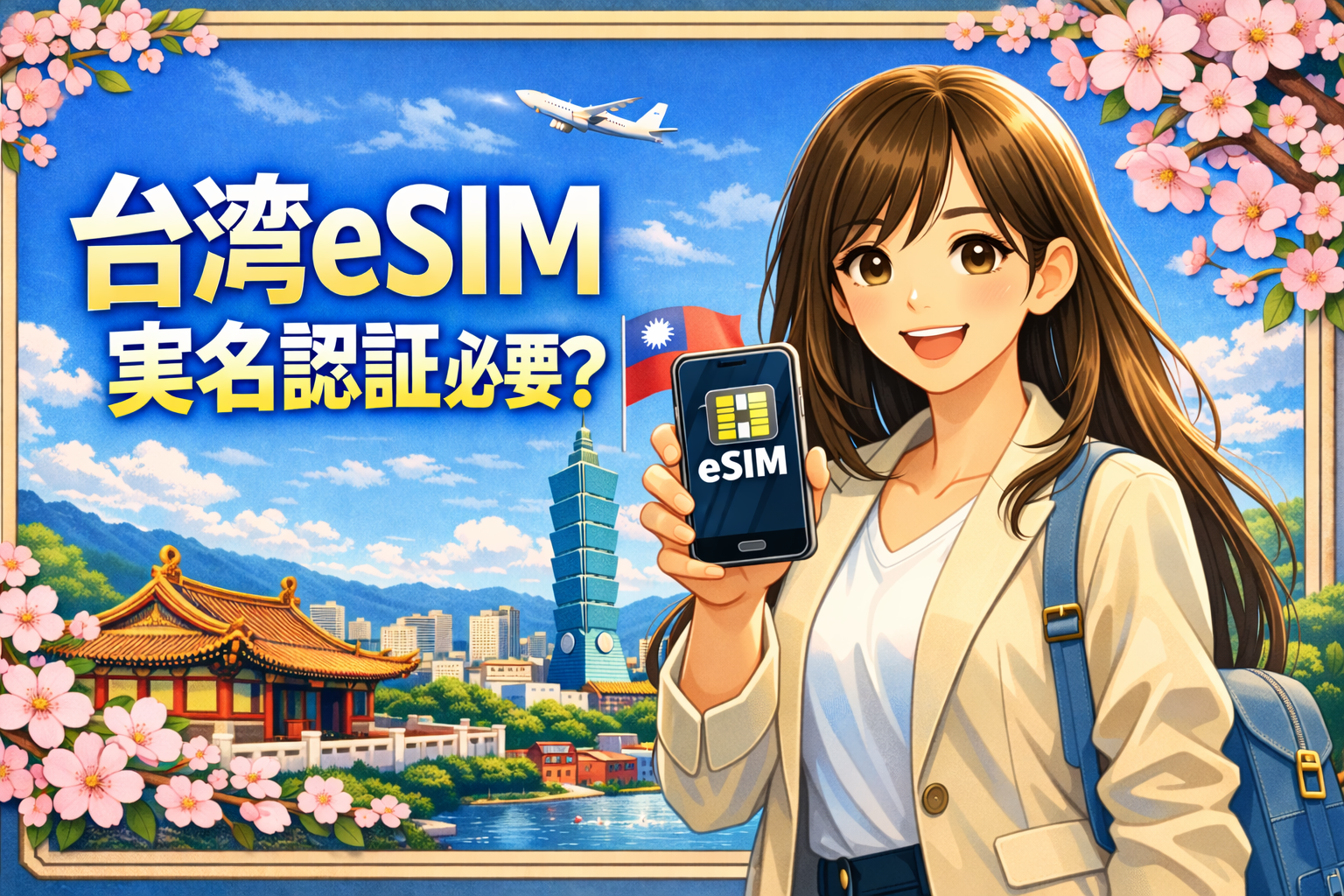 台湾eSIMの実名認証が必要かどうかを解説する記事のアイキャッチ。台湾の街並みを背景に、eSIM画面を見せる女性のイラスト。