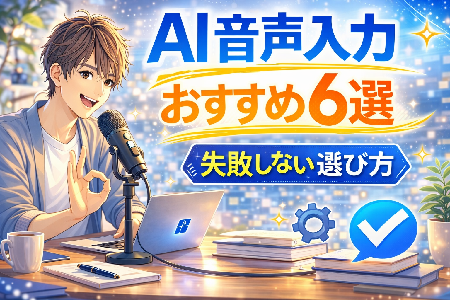 AI音声入力ツールおすすめ6選を紹介するアイキャッチ画像。笑顔でOKサインを出す男性、マイク、ノートPC、失敗しない選び方の文字入り