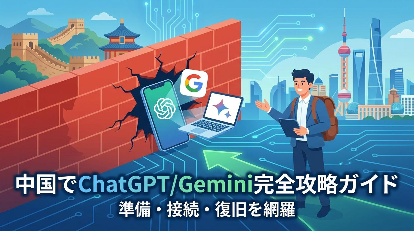 中国でChatGPTやGeminiを使うための準備・接続・復旧をまとめたアイキャッチ画像