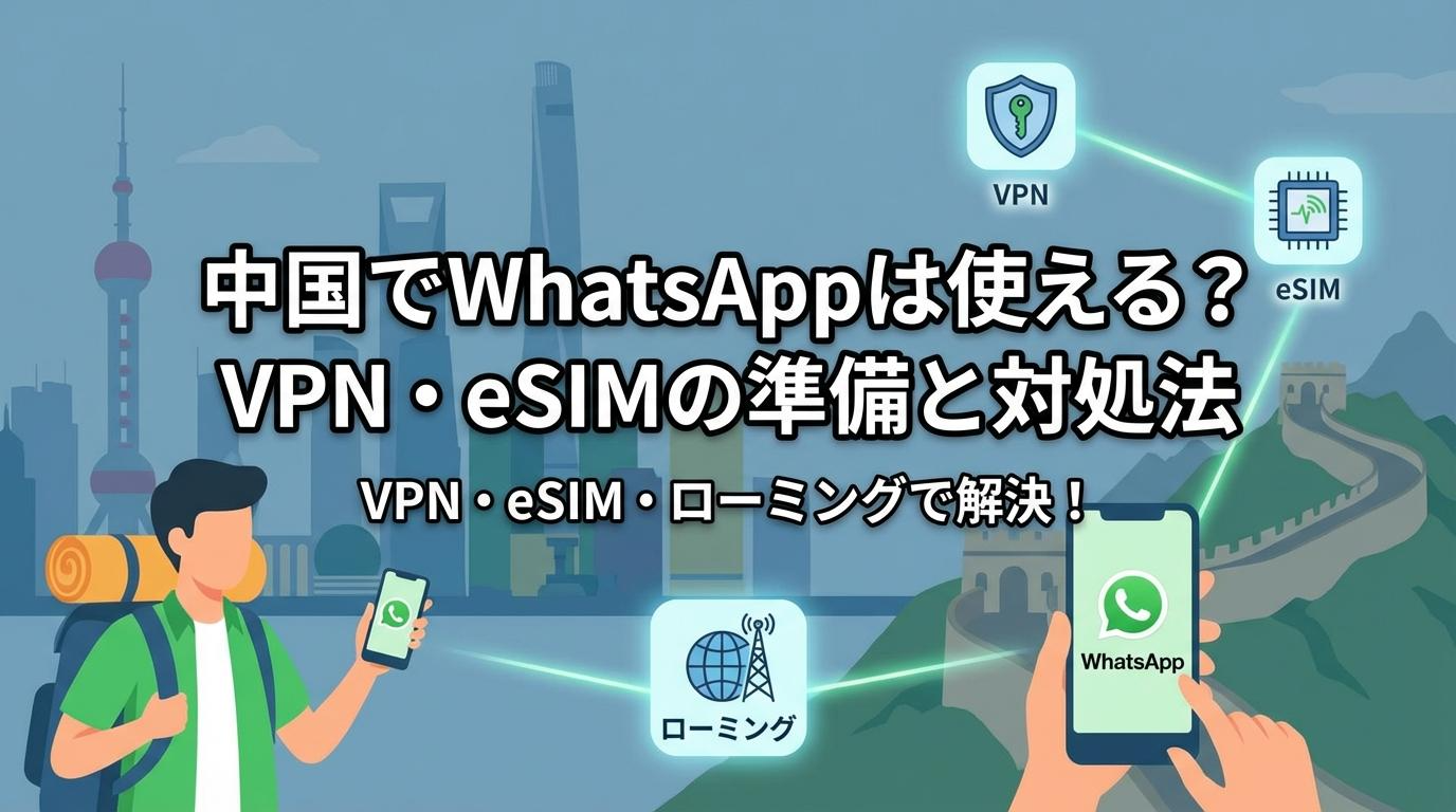 中国でWhatsAppを使うためのVPN・eSIM・ローミング対策を示したアイキャッチ画像