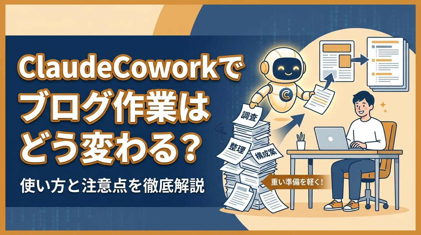 ClaudeCoworkでブログ作業がどう変わるかを表したアイキャッチ画像