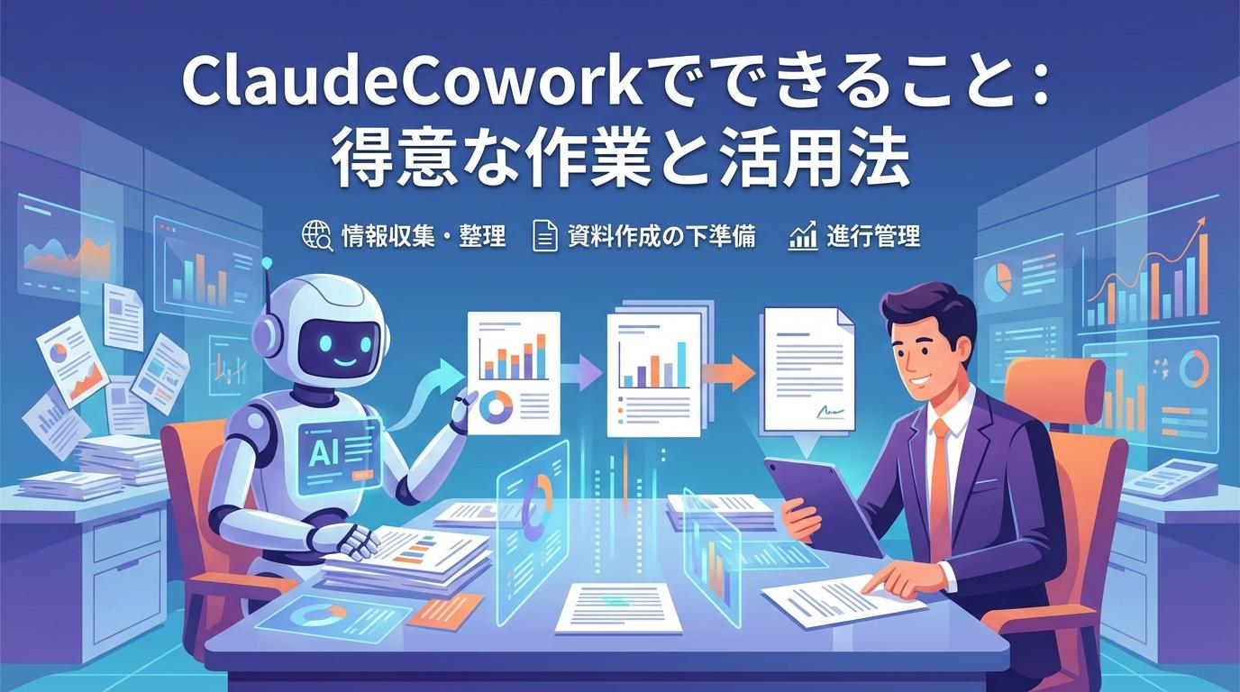 ClaudeCoworkでできることを表したアイキャッチ画像。情報収集・資料作成の下準備・進行管理を支援するイメージ