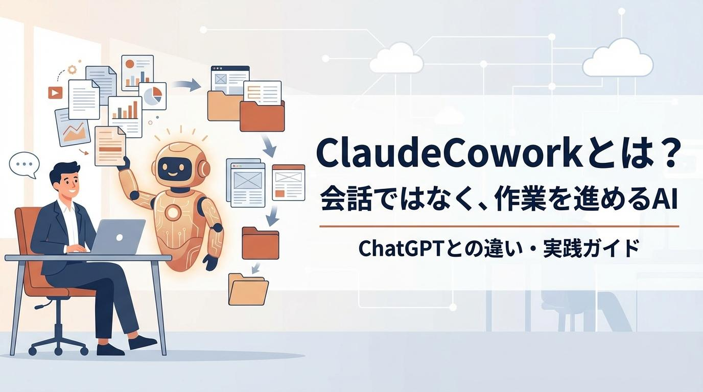 ClaudeCoworkとは何かを解説するアイキャッチ画像。会話ではなく作業を進めるAIのイメージ