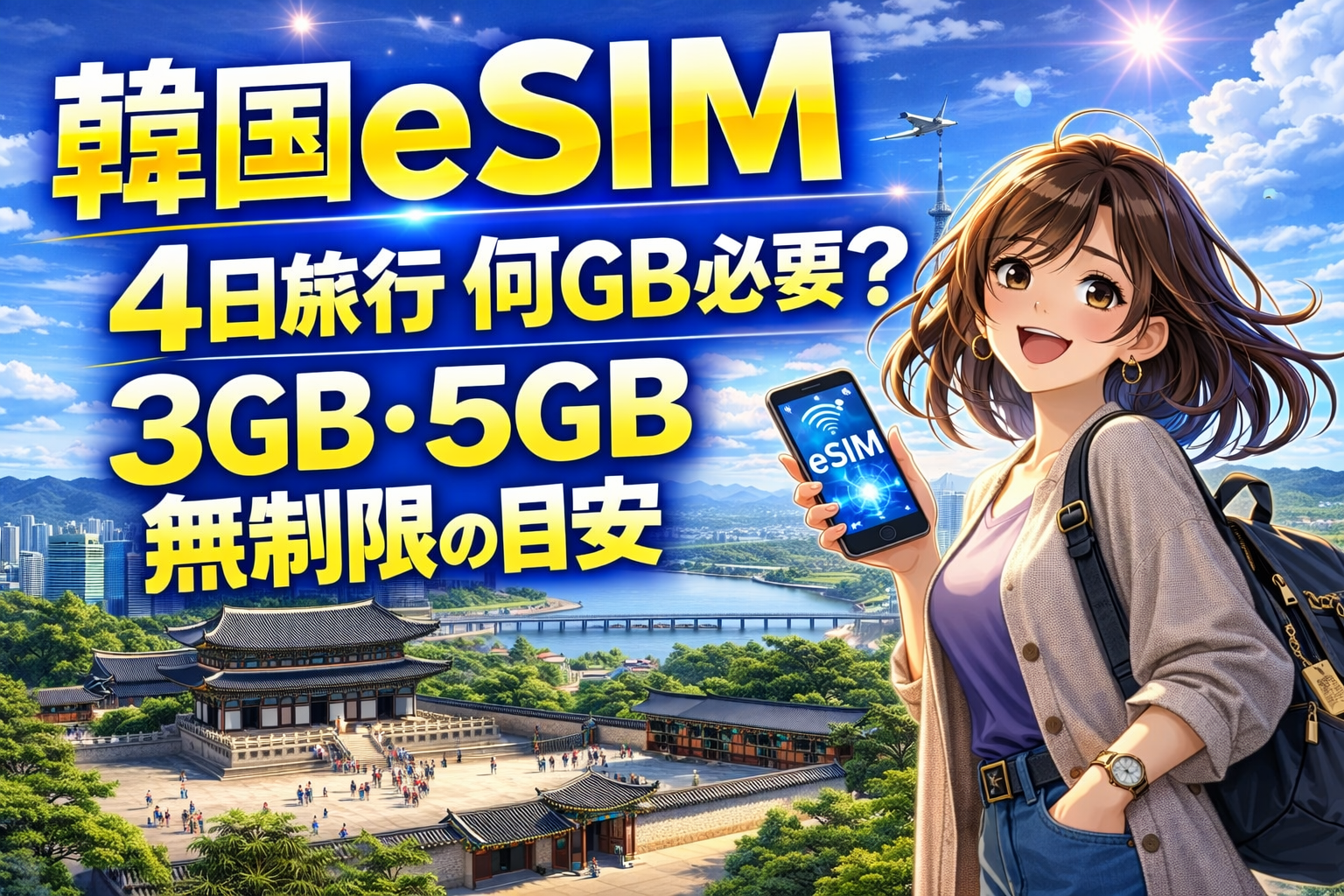 韓国eSIMの4日旅行向け容量目安を解説するアイキャッチ。3GB・5GB・無制限の目安を紹介