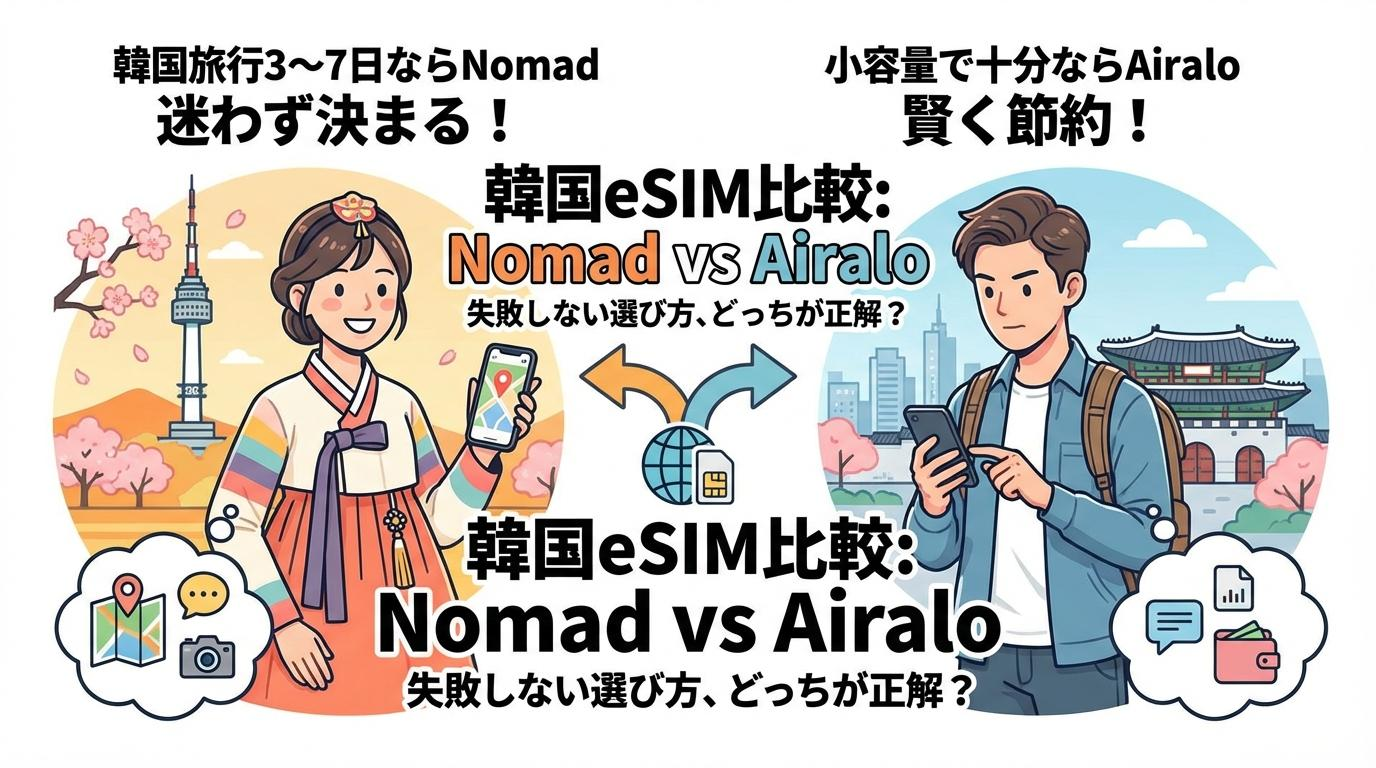韓国eSIMでNomadとAiraloを比較する記事のアイキャッチ画像