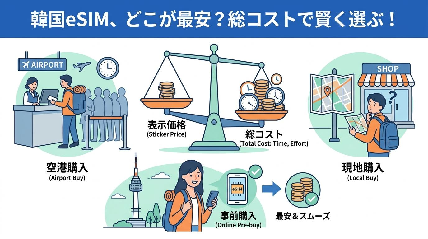 韓国eSIMはどこで買うのが安いかを事前購入と空港購入と現地購入で比較したアイキャッチ画像