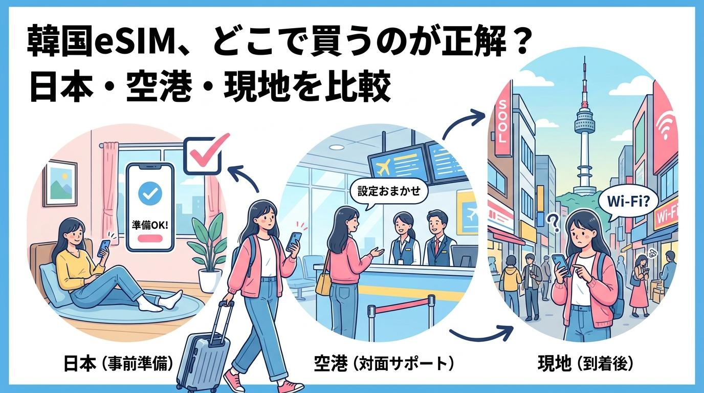 韓国eSIMはどこで買うのが正解かを、日本・空港・現地で比較したイメージ図
