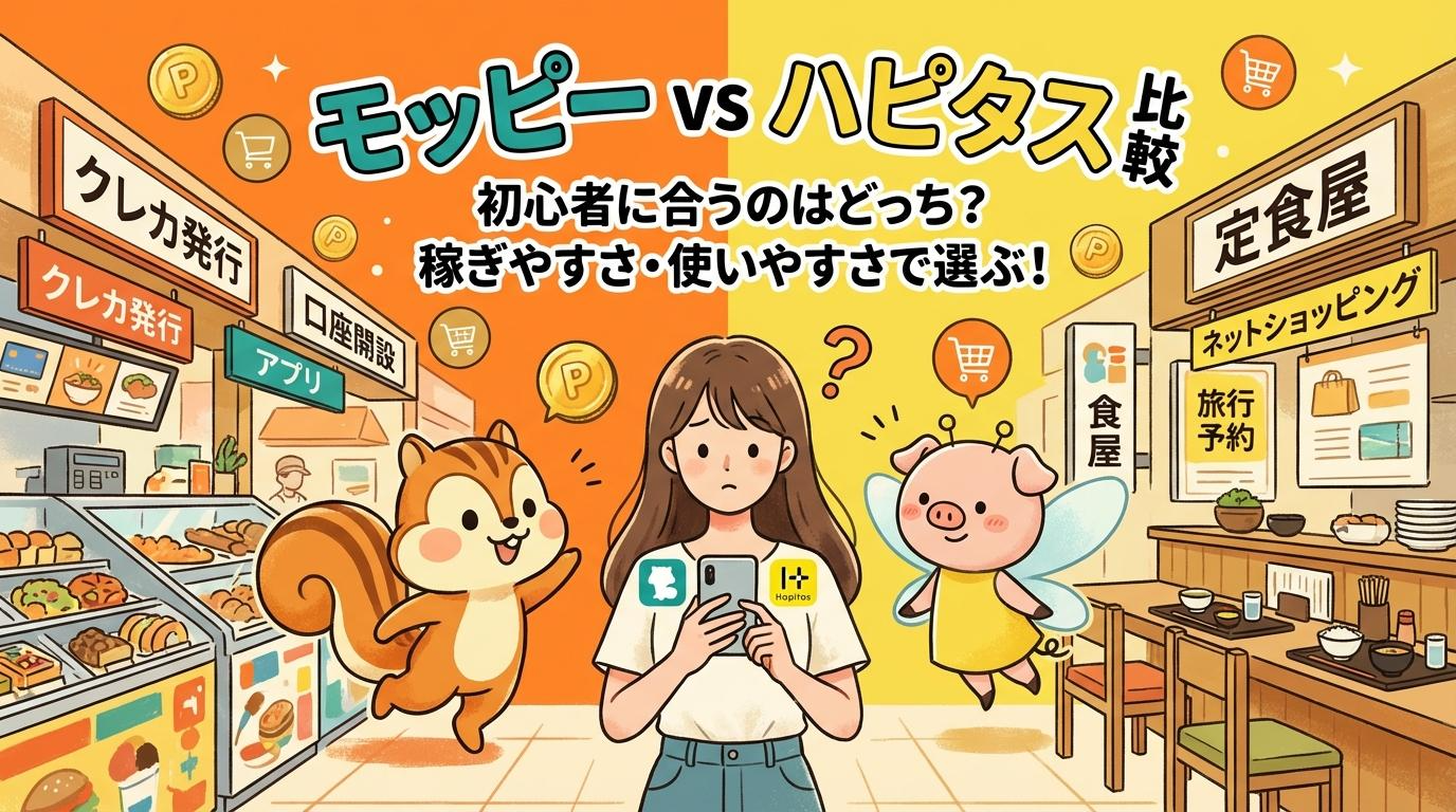 モッピーとハピタスを比較したアイキャッチ画像。初心者に合うのはどっちかを稼ぎやすさと使いやすさで解説する記事用