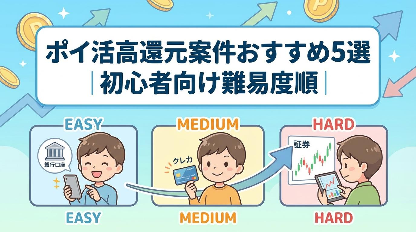ポイ活高還元案件おすすめ5選を初心者向けに難易度順で紹介するアイキャッチ画像