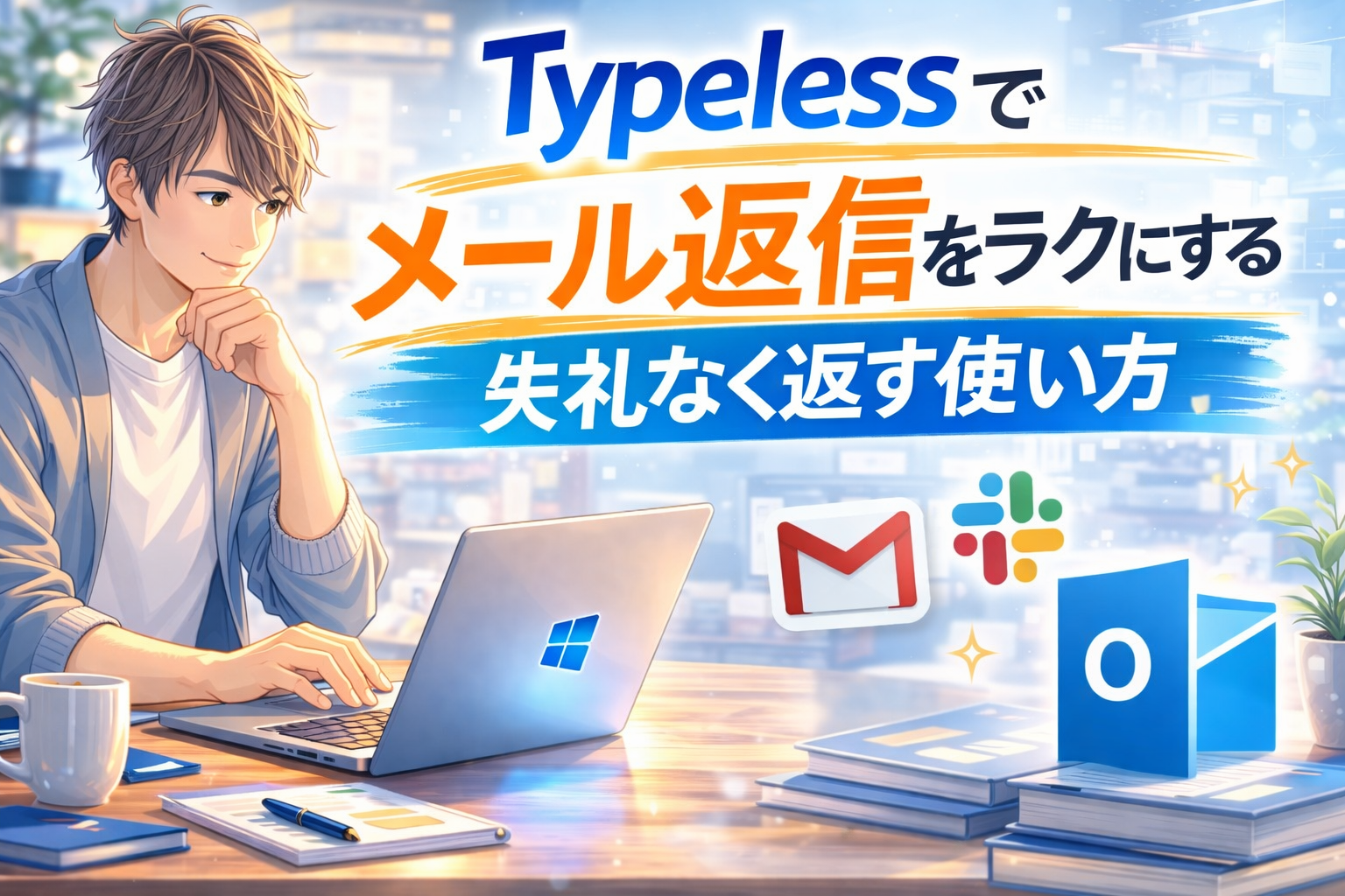Typelessでメール返信をラクにする使い方を解説するアイキャッチ画像。ノートPCで作業する人物とGmail・Slack・Outlookの要素を配置