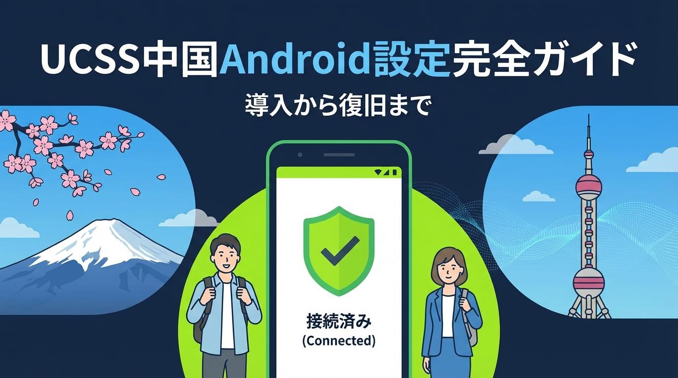 UCSS中国Android設定完全ガイドのアイキャッチ。Androidスマホの接続イメージと導入から復旧までを表したビジュアル