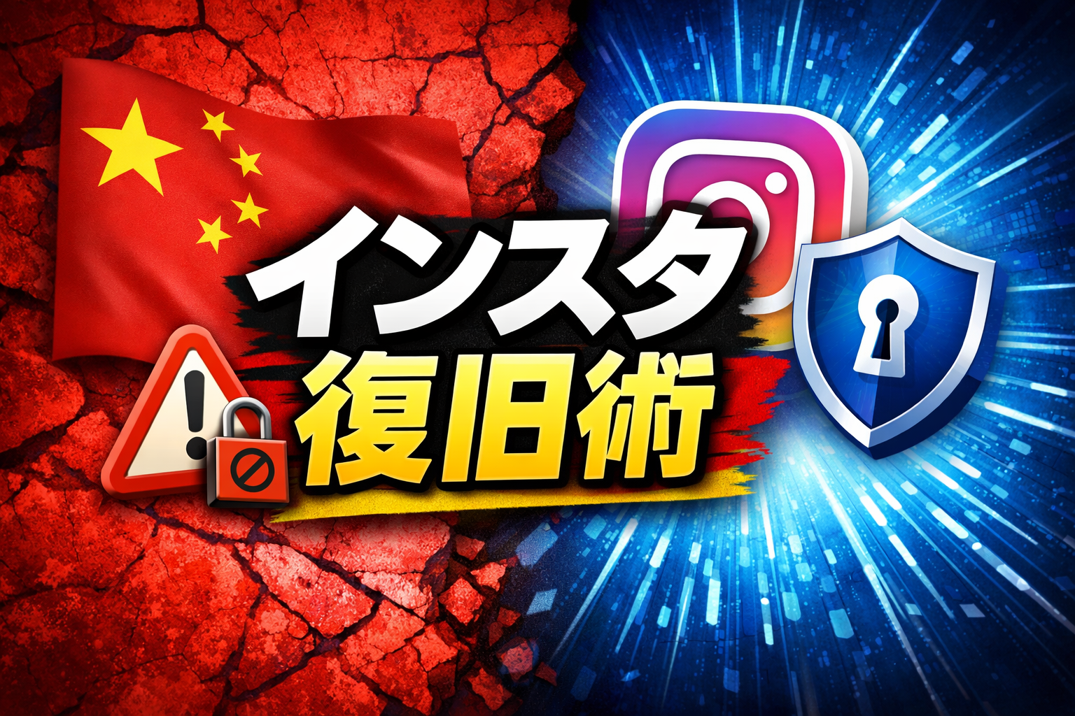 中国をイメージした赤背景と、セキュリティを表す青背景を左右に配置し、中央に「インスタ復旧術」と大きく表示したアイキャッチ画像