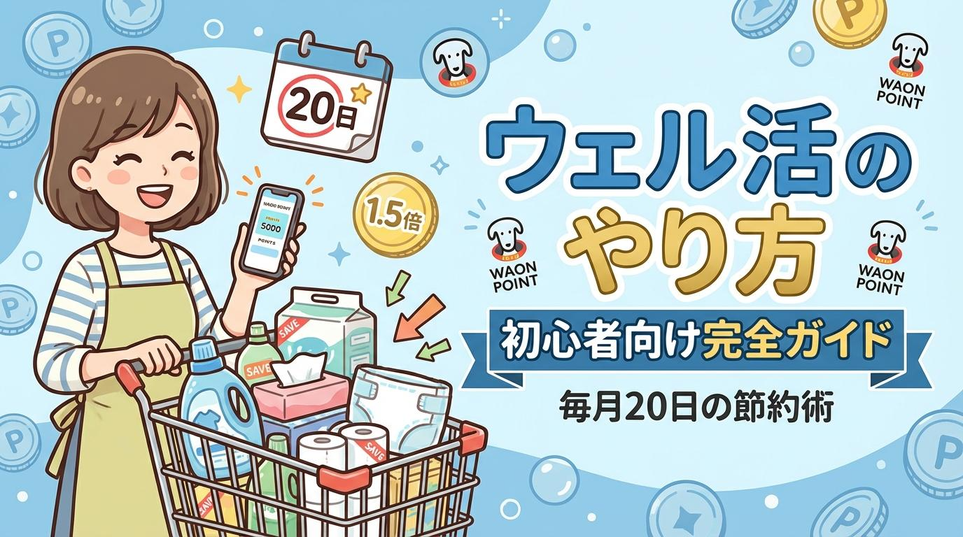 ウェル活のやり方を初心者向けに紹介するアイキャッチ画像。毎月20日、WAON POINT、1.5倍、日用品の節約イメージをまとめたデザイン