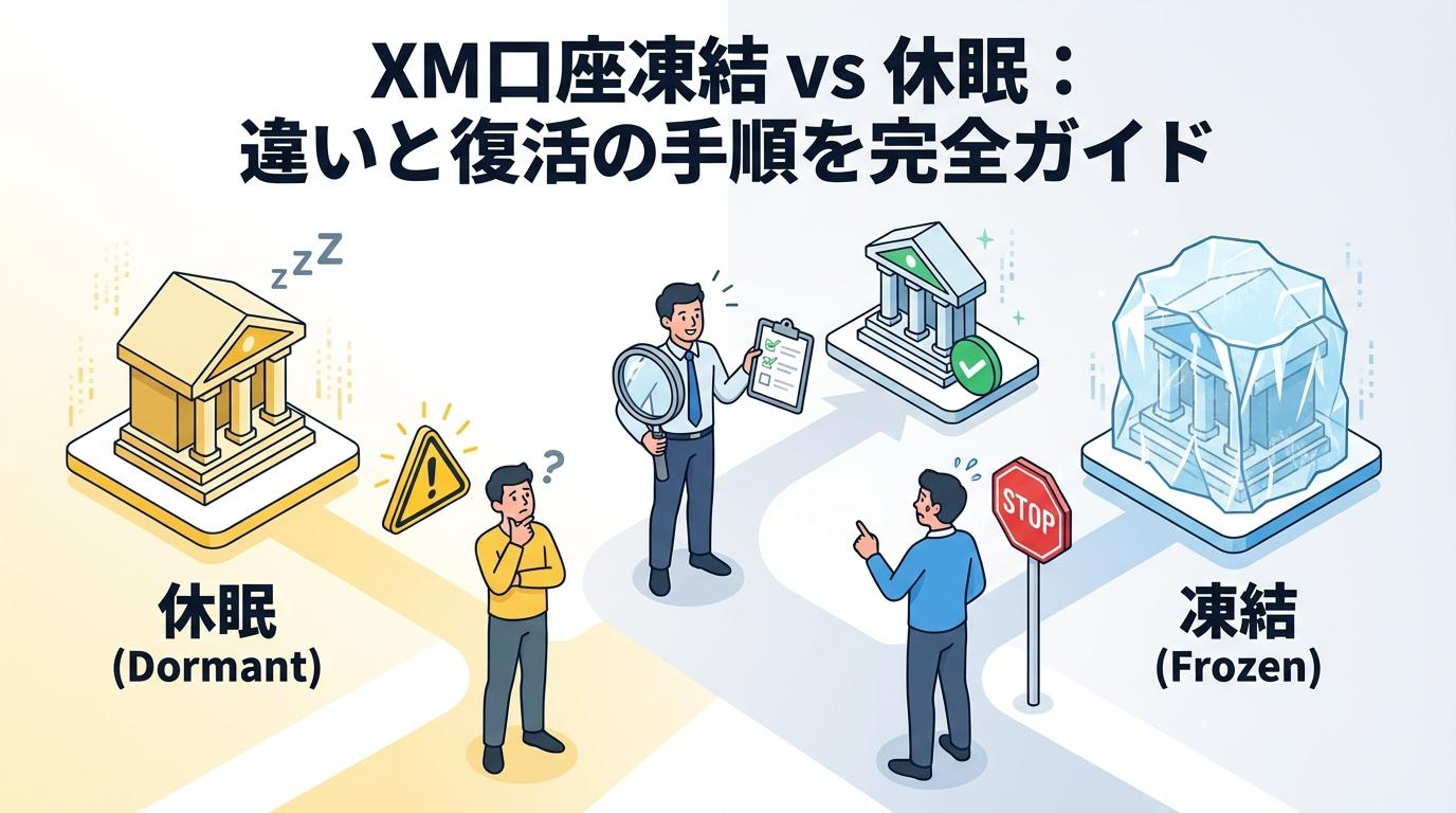 XM口座凍結と休眠口座の違い、確認ポイント、復活までの流れを比較した図解