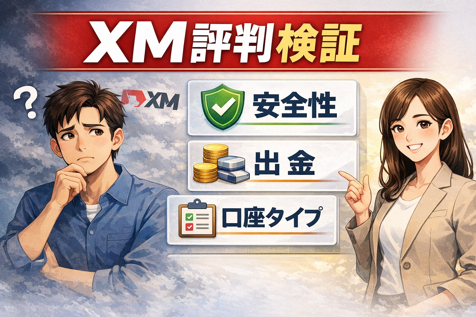 XMの評判を検証するアイキャッチ画像。安全性・出金・口座タイプを比較しているイメージ