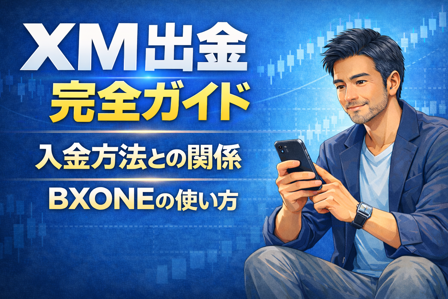 XM出金完全ガイドのアイキャッチ画像。入金方法との関係とBXONEの使い方を解説する青基調のデザイン