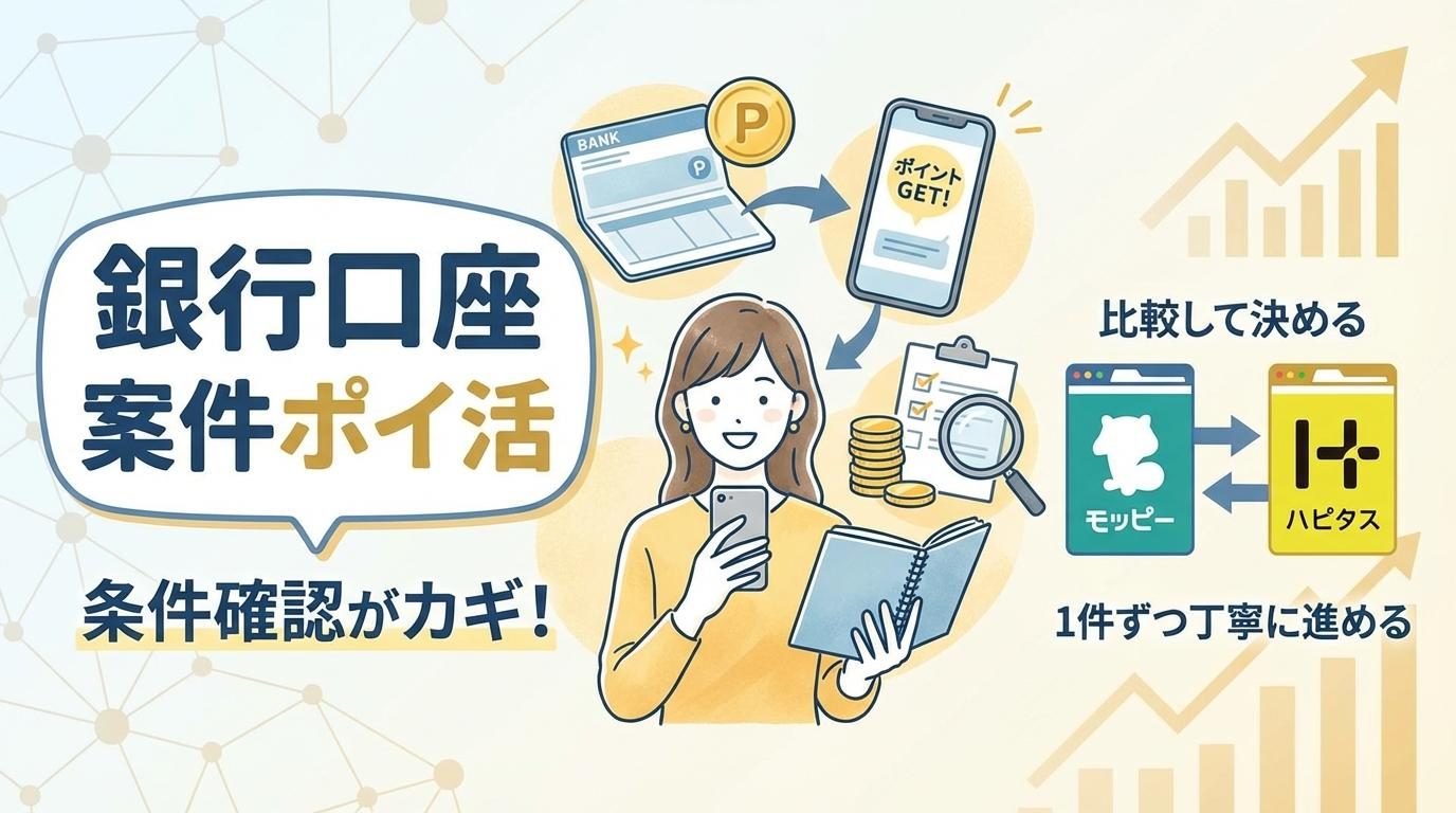 銀行口座案件ポイ活で条件確認を重視しながらポイントを増やすイメージ画像