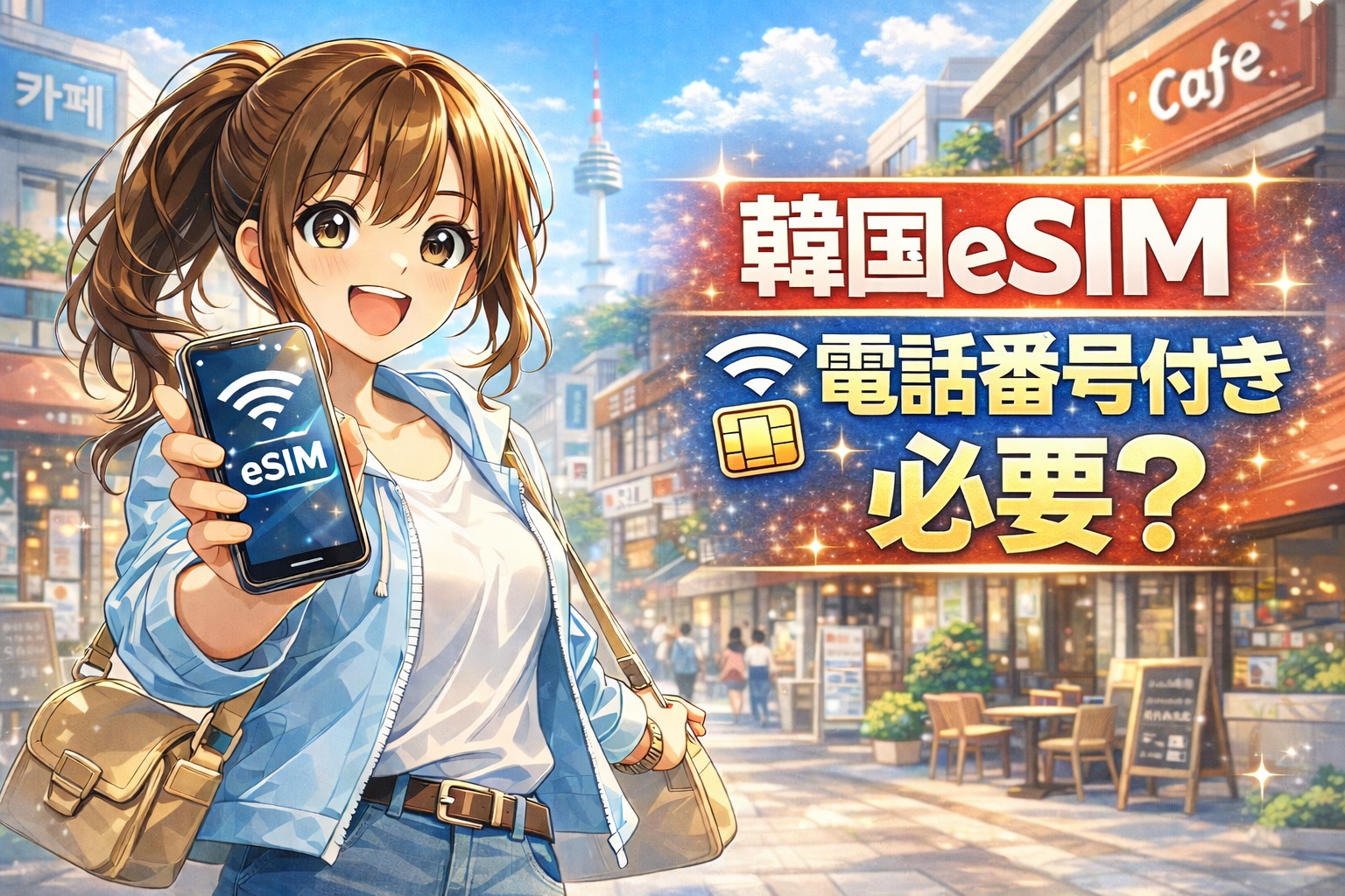韓国の街並みを背景に、スマホでeSIMを見せる女性と「韓国eSIM 電話番号付き 必要？」の文字が入ったアイキャッチ画像