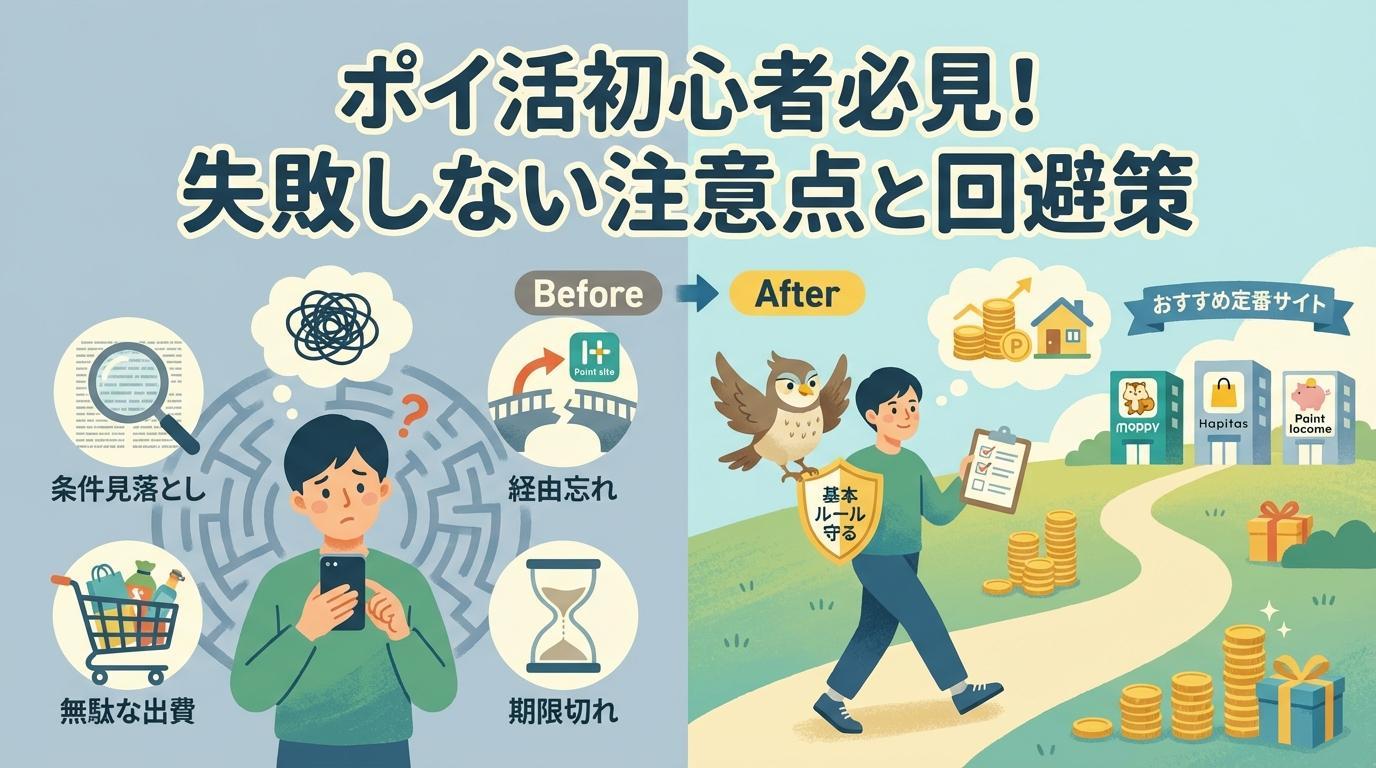 ポイ活初心者向けの失敗しない注意点と回避策を表したアイキャッチ画像
