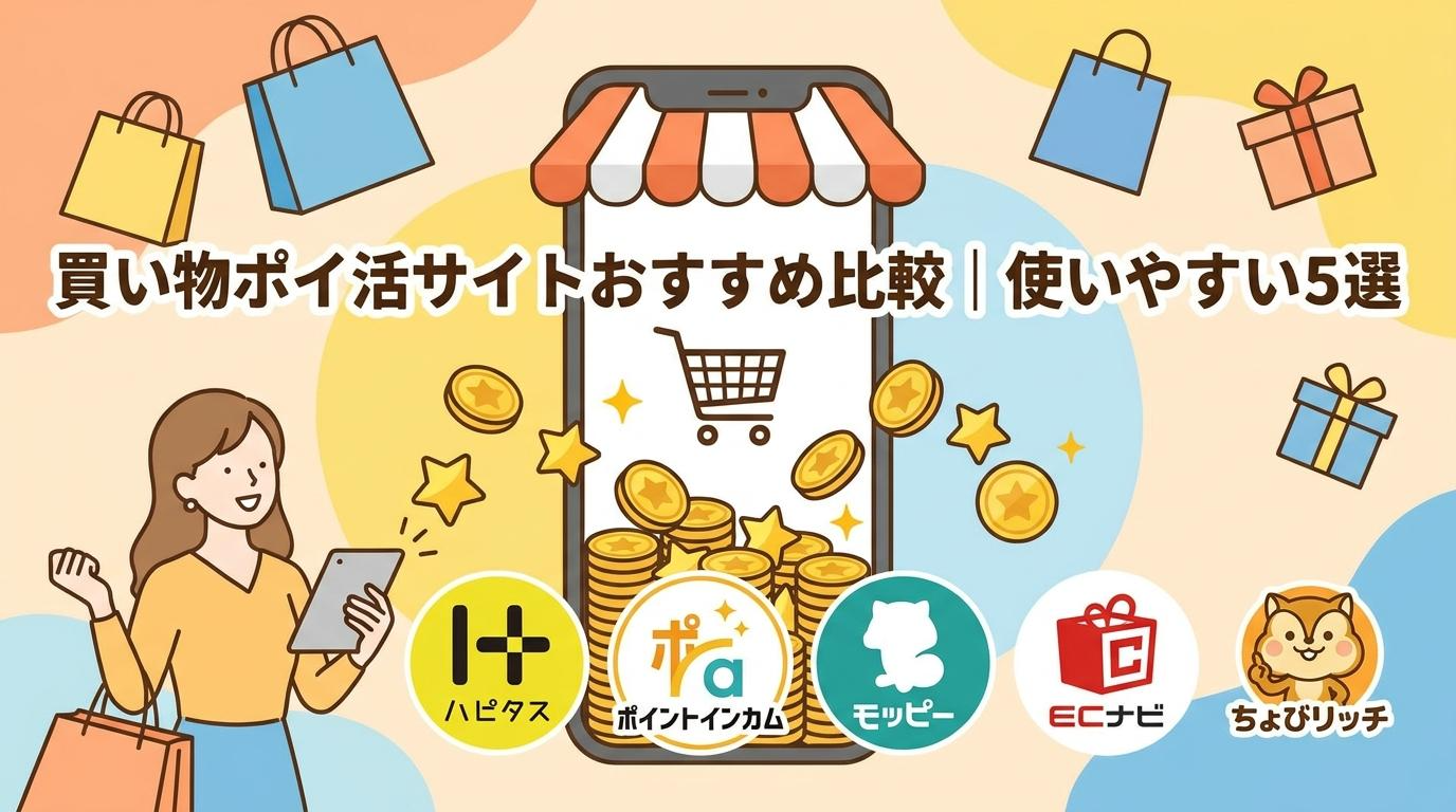買い物ポイ活サイトおすすめ比較で使いやすい5選を紹介するアイキャッチ画像