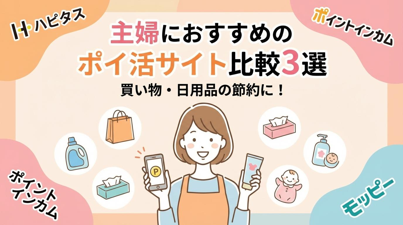 主婦におすすめのポイ活サイト3選を比較したアイキャッチ画像。買い物や日用品の節約向け。