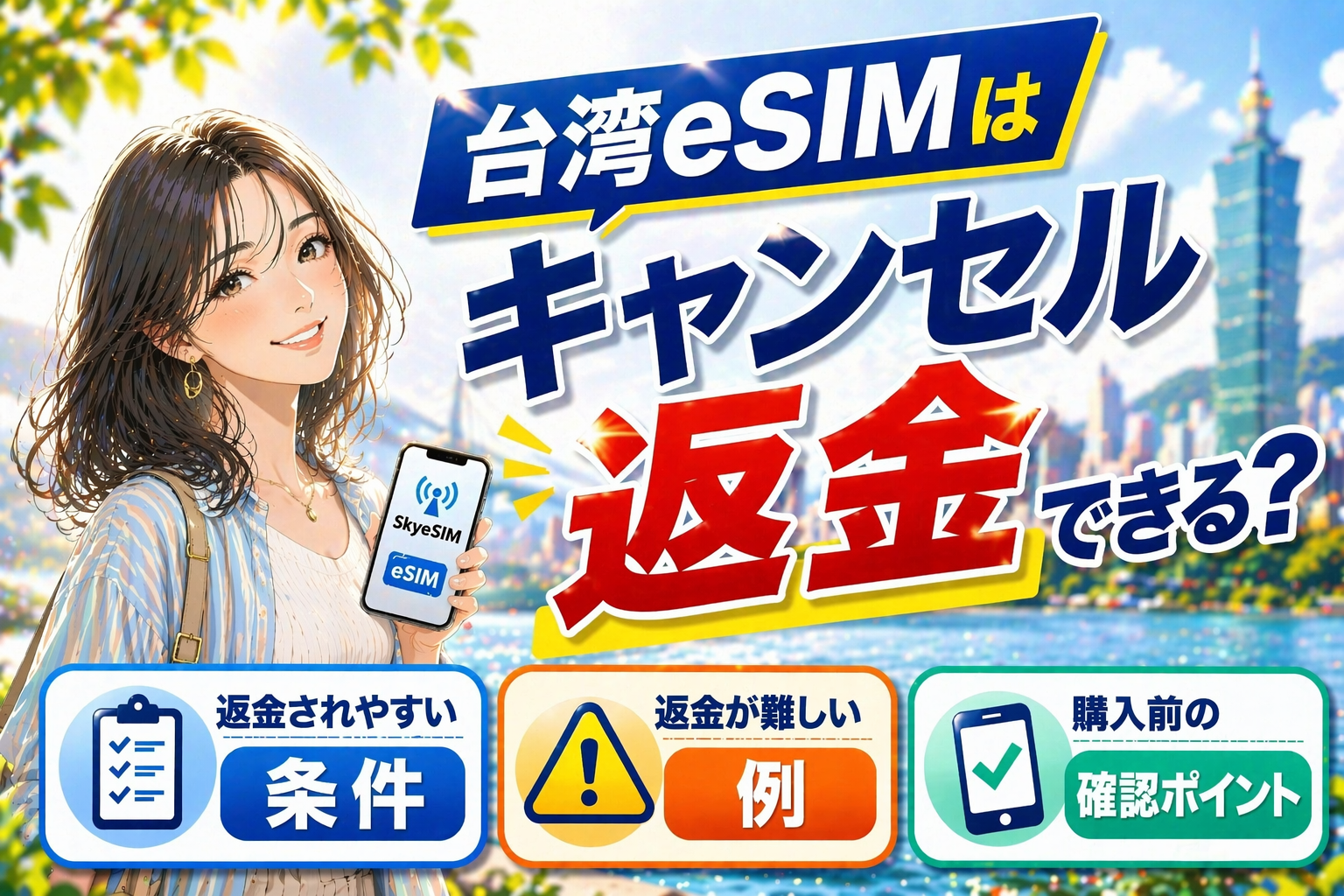 台湾eSIMのキャンセル返金について解説するアイキャッチ画像。スマホを持つ女性と台湾の街並みを背景に、返金条件や確認ポイントを案内している