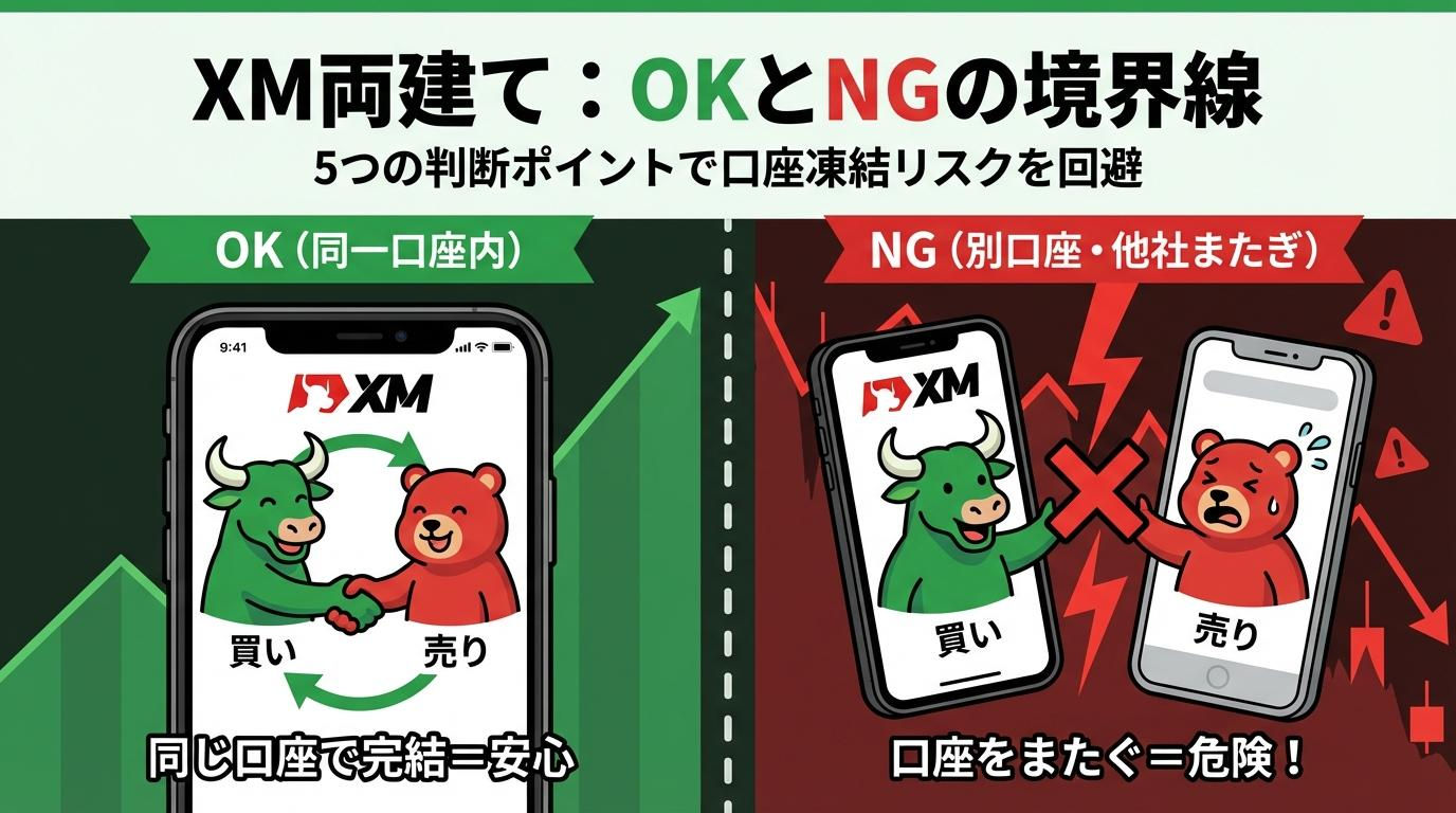 XM両建てのOKとNGの境界線を示したアイキャッチ画像