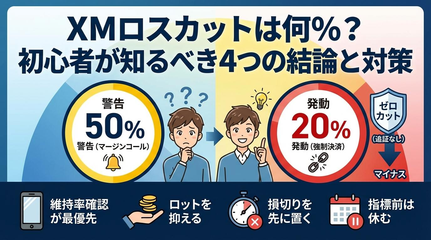 XMロスカットは何％で発動するのかを、50％の警告と20％の発動ライン、対策の要点とあわせて示したアイキャッチ画像