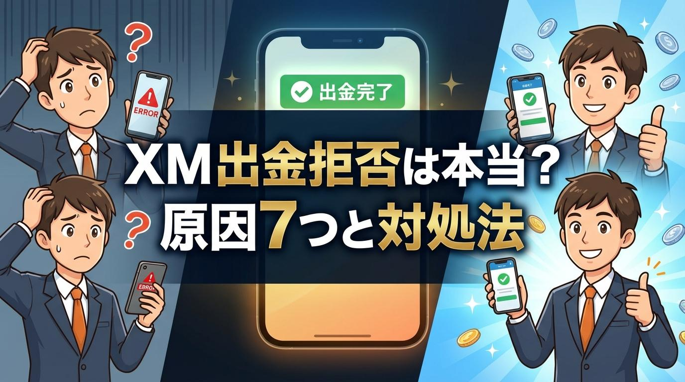 XMの出金拒否は本当なのか、原因7つと対処法を解説するアイキャッチ画像